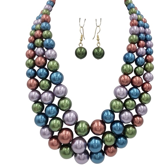 3 Row Layered Multicolor Pearl Chunky Necklace Set - Picture 1 of 3